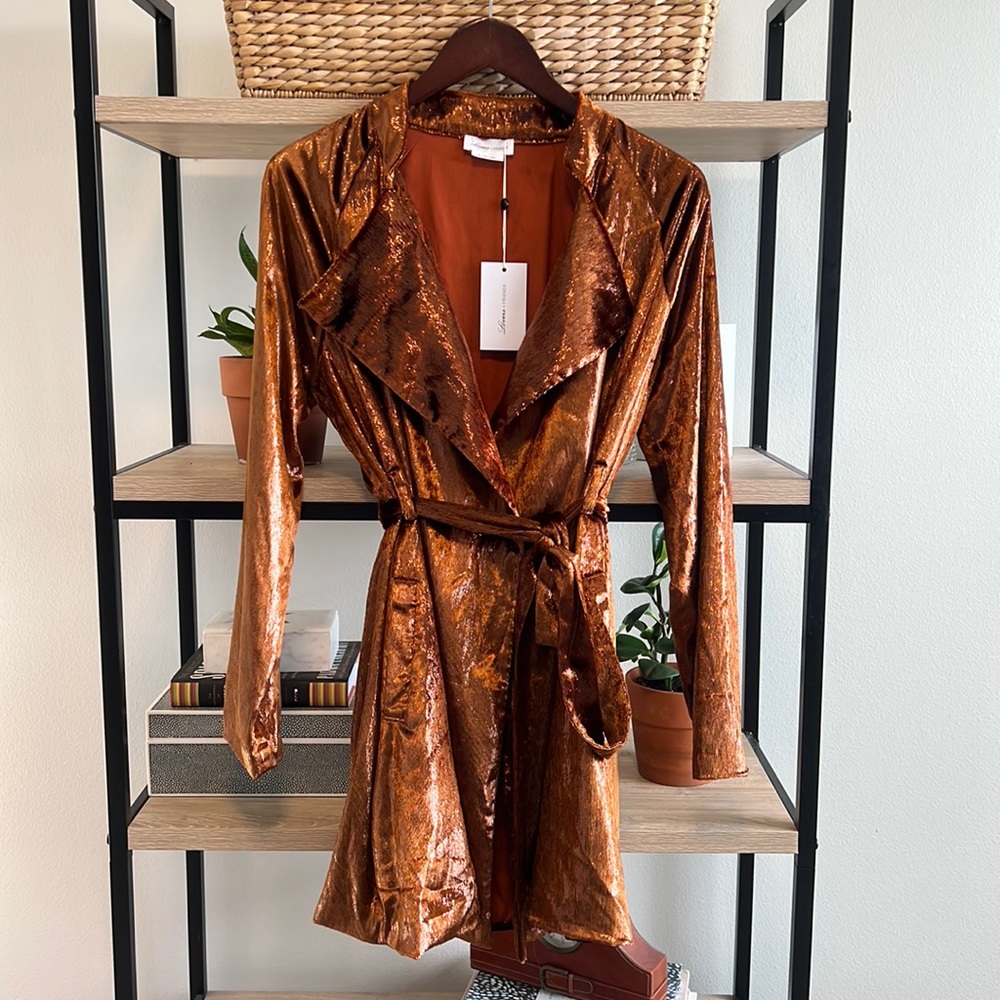 NWT Lovers + Friends Plush Pile Velveteen Bronze Sparkle Belted Coat Cardigan, M
